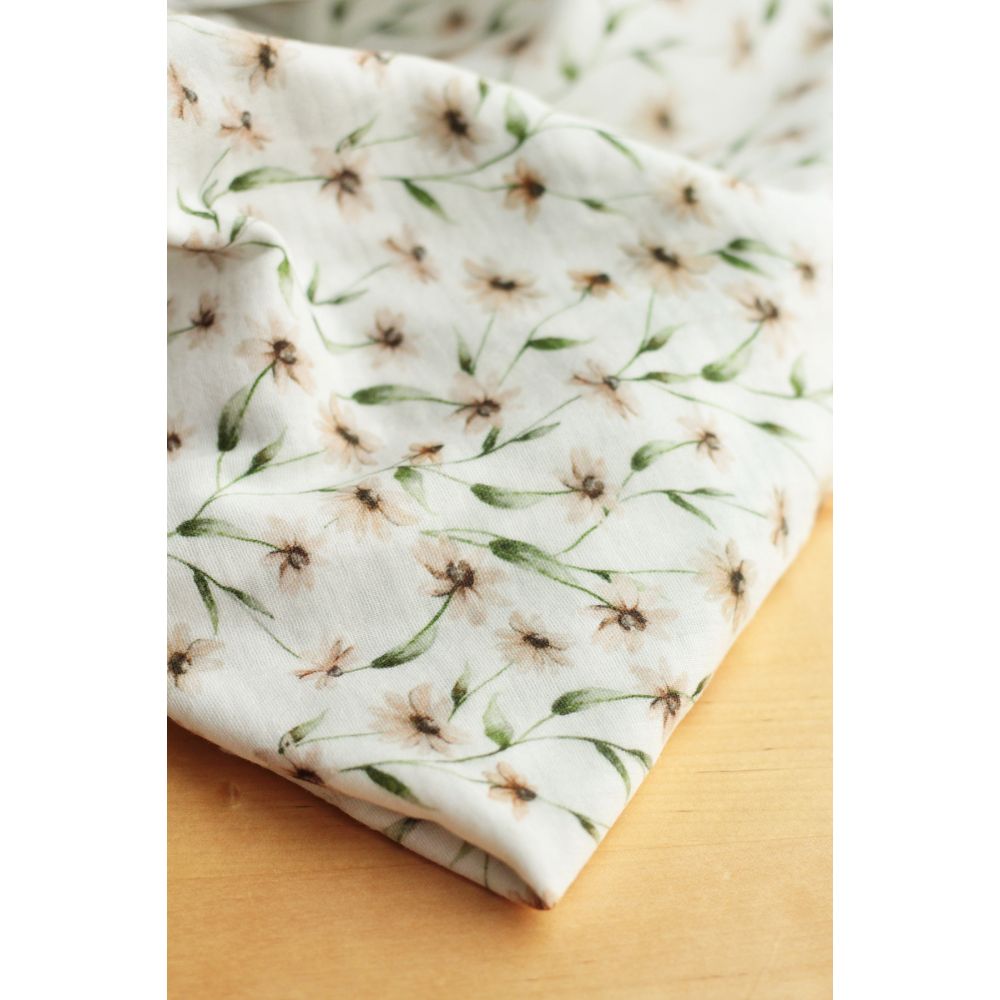 - Double gaze de coton BIO blanc imprimé fleuri ocre