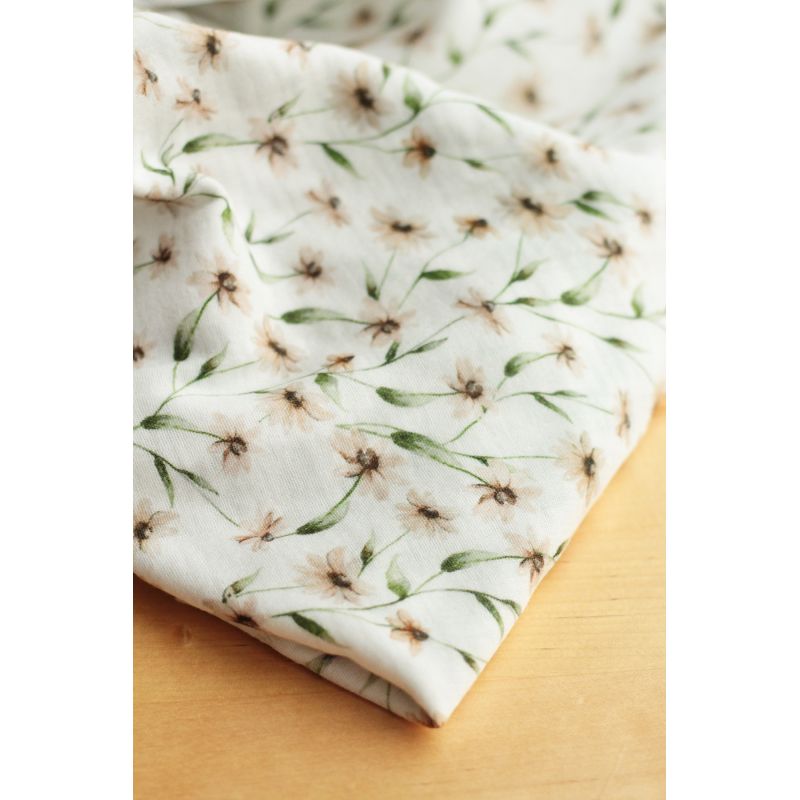 - Double gaze de coton BIO blanc imprimé fleuri ocre