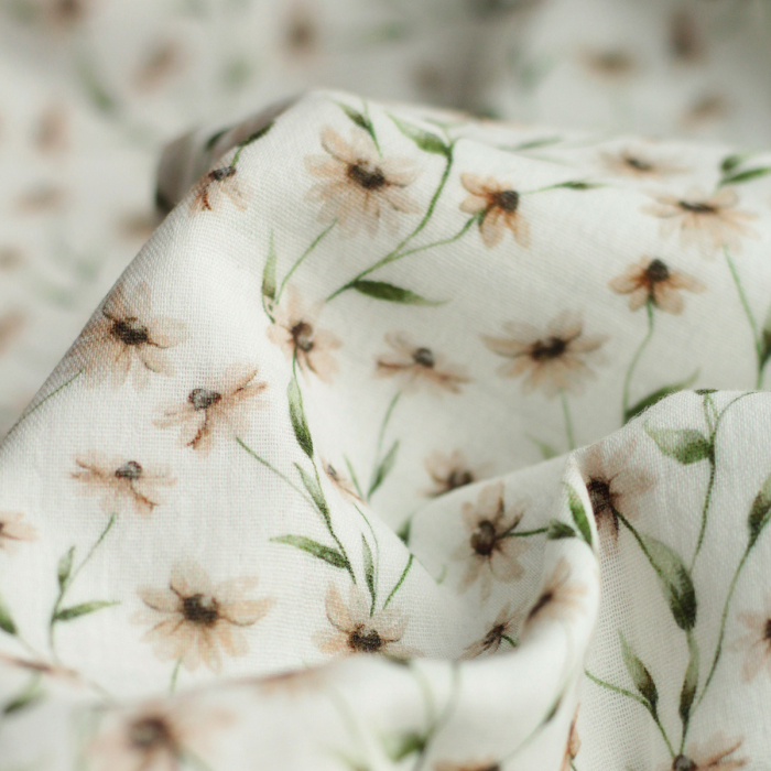 - Double gaze de coton BIO blanc imprimé fleuri ocre