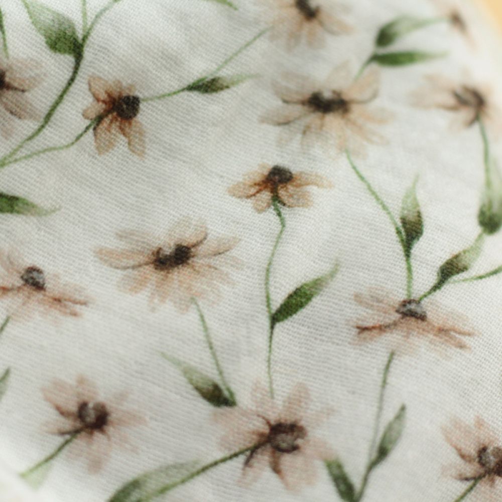 - Double gaze de coton BIO blanc imprimé fleuri ocre