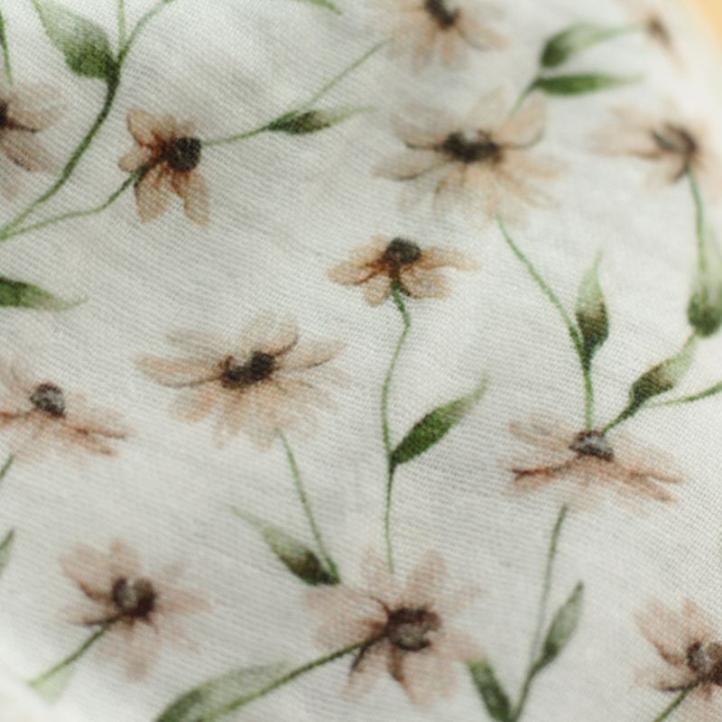 - Double gaze de coton BIO blanc imprimé fleuri ocre