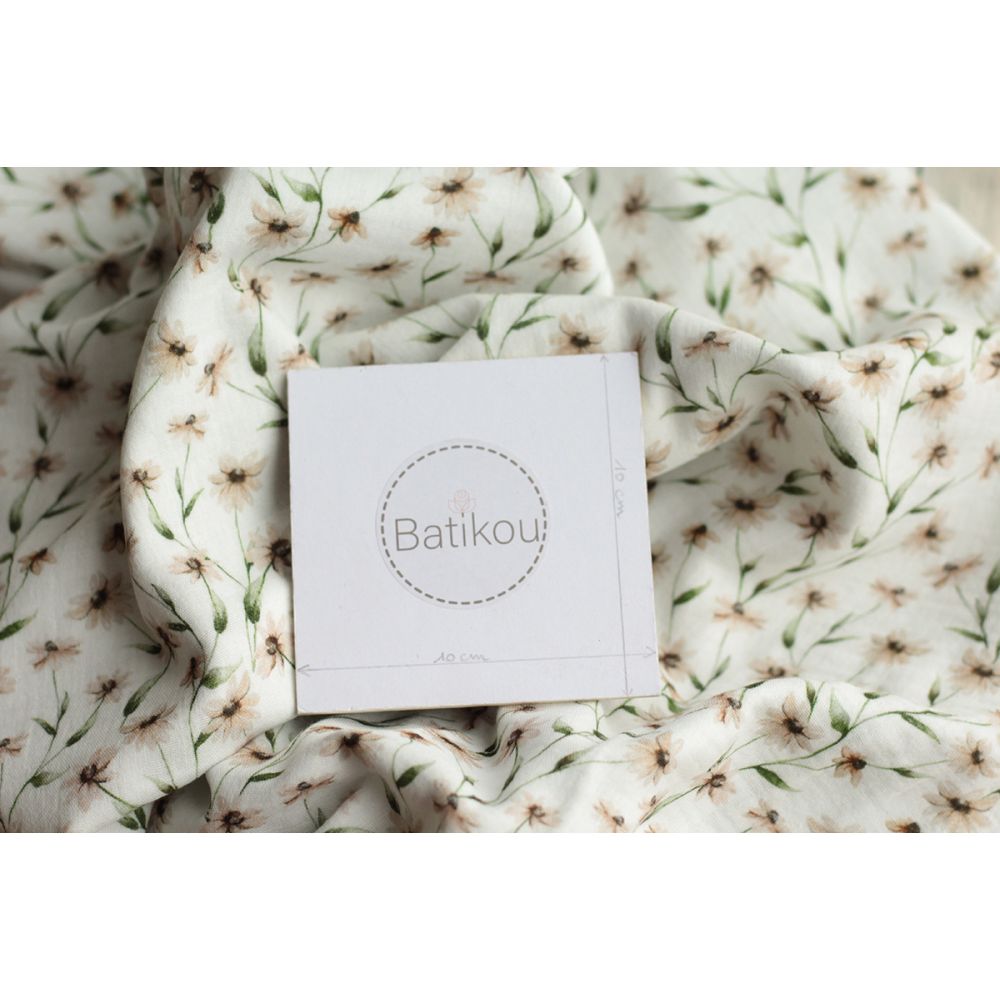 - Double gaze de coton BIO blanc imprimé fleuri ocre