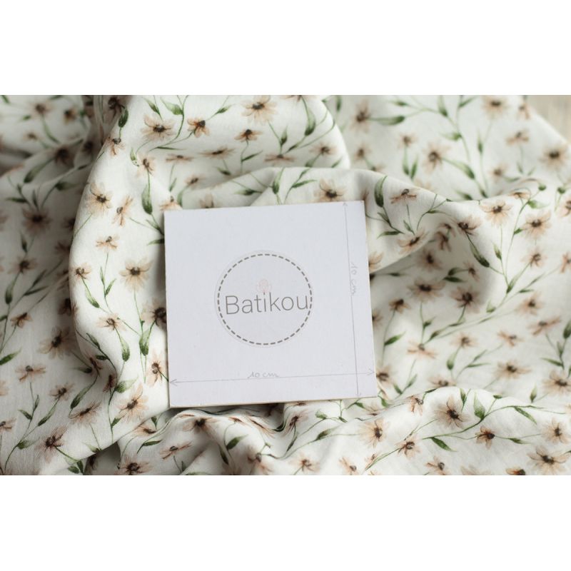 - Double gaze de coton BIO blanc imprimé fleuri ocre