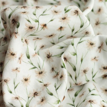 - Double gaze de coton BIO blanc imprimé fleuri ocre - Double gaze de coton BIO blanc imprimé fleuri ocre