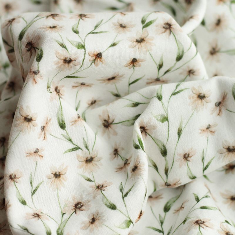 - Double gaze de coton BIO blanc imprimé fleuri ocre