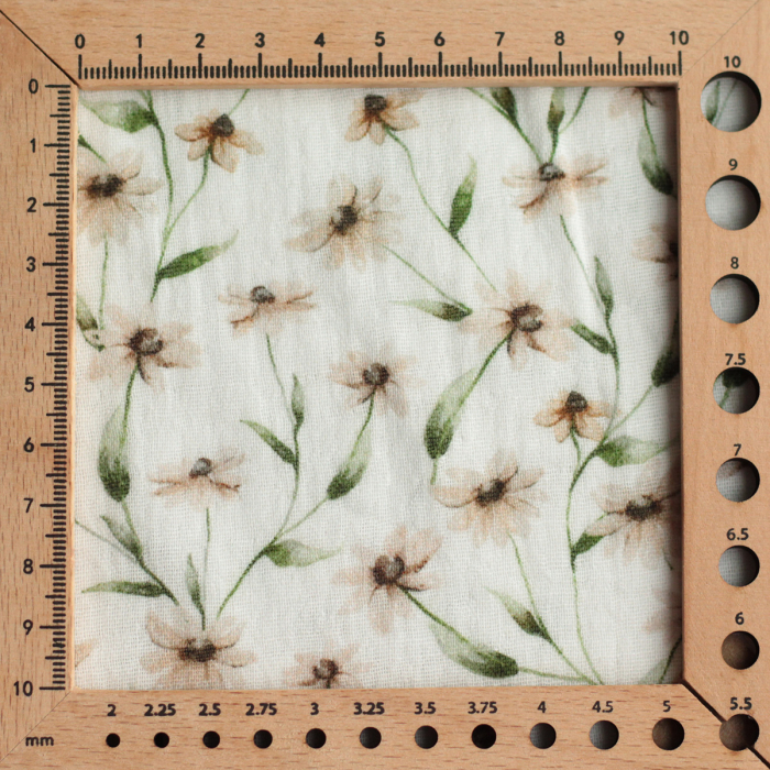 - Double gaze de coton BIO blanc imprimé fleuri ocre