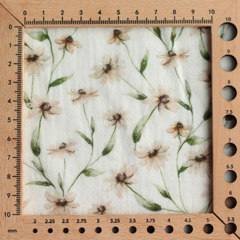 - Double gaze de coton BIO blanc imprimé fleuri ocre