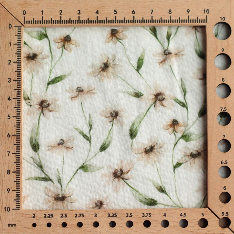 - Double gaze de coton BIO blanc imprimé fleuri ocre