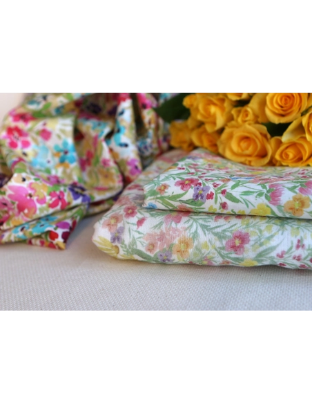 copy of Celine - Double gaze de coton BIO blanc motif fleuri marine / moutarde