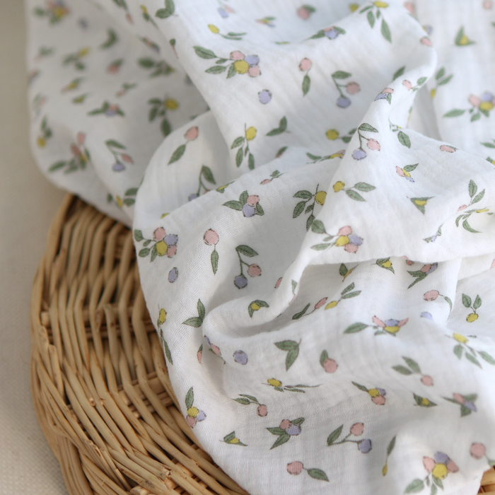 Hind - Double gaze de coton BIO blanc motif baies pastel