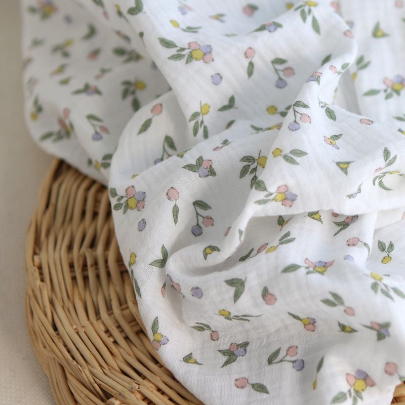 Hind - Double gaze de coton BIO blanc motif baies pastel