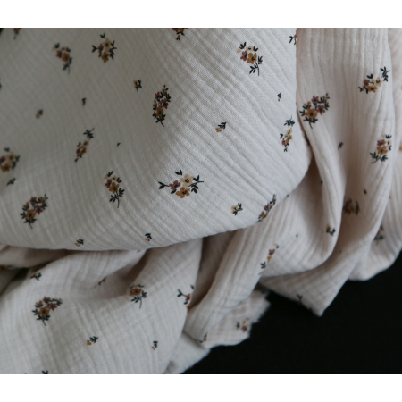 Laure - Double gaze coton BIO motif exclusif cuir fond mastic Laure - Double gaze coton BIO motif exclusif cuir fond mastic
