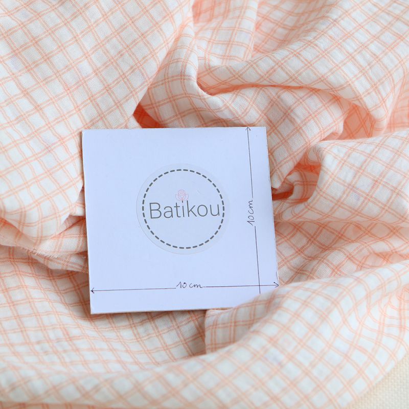 Cherry - Double gaze de coton double face coloris blanc cerises et quadrillage parme et orange