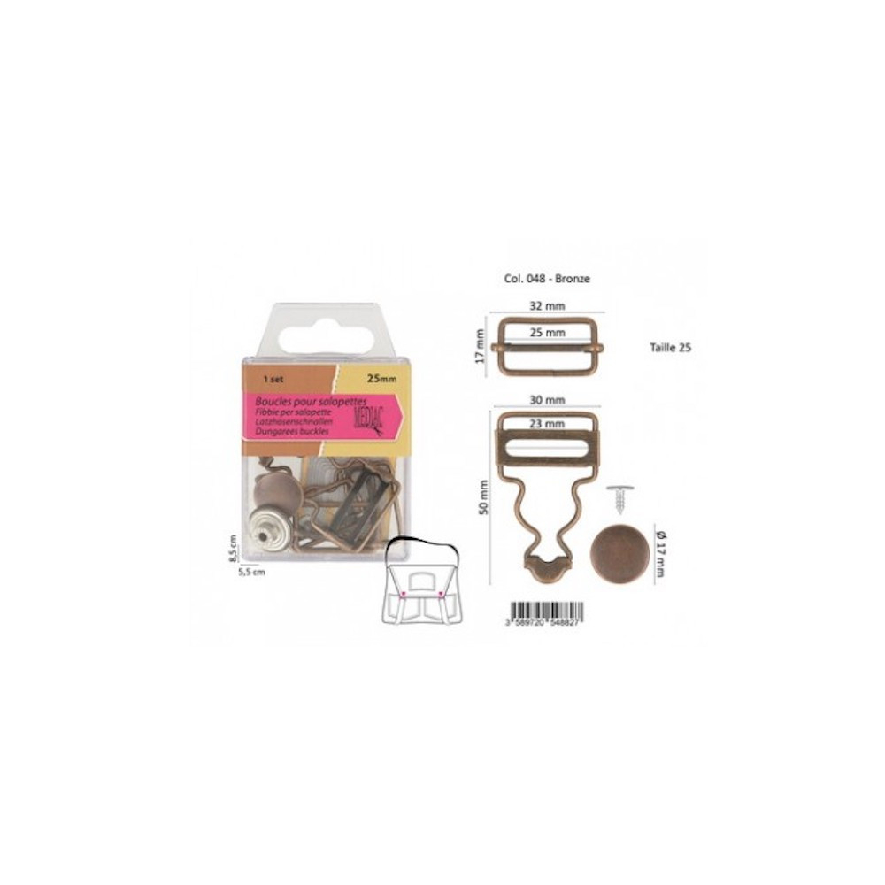Paire de boucles de salopette 25mm + boutons ARGENT Paire de boucles de salopette 25mm + boutons ARGENT