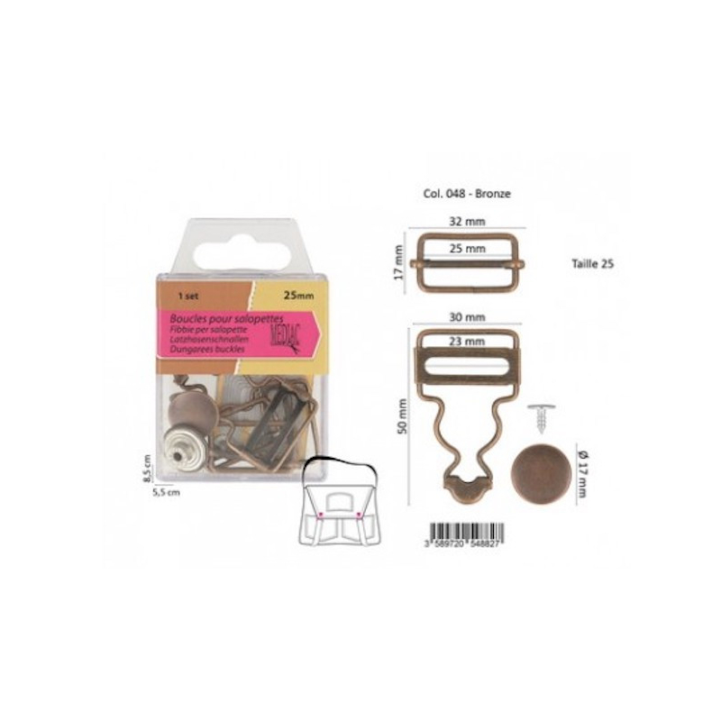 Paire de boucles de salopette 25mm + boutons ARGENT Paire de boucles de salopette 25mm + boutons ARGENT