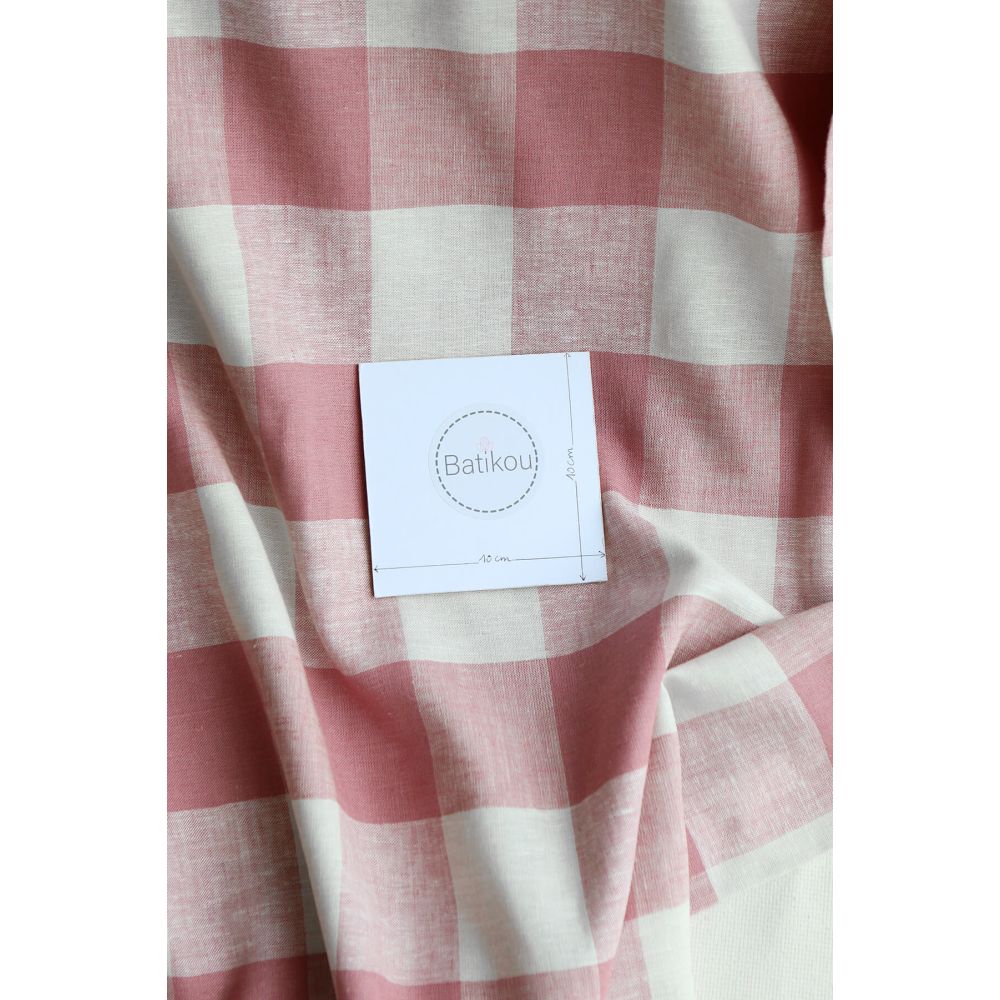 Tissu lin viscose grand vichy vieux rose et écru