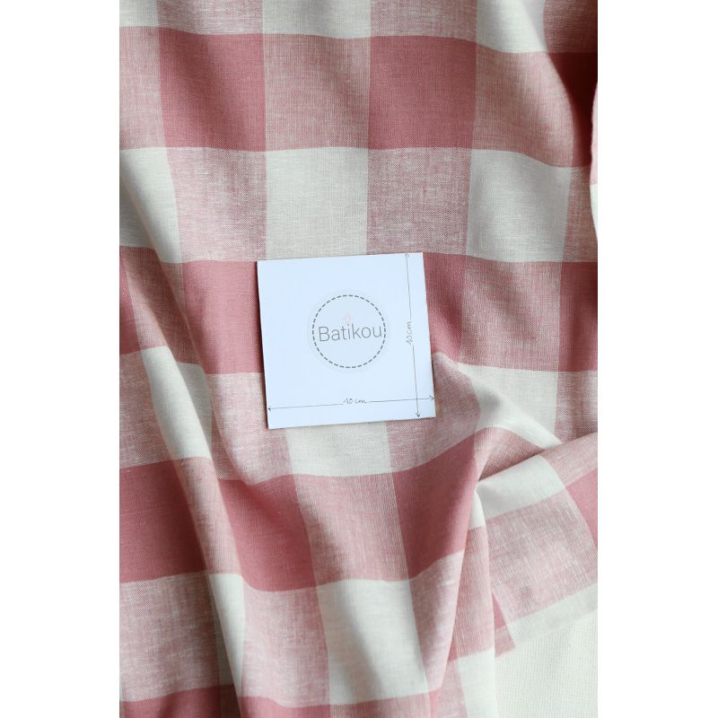 Tissu lin viscose grand vichy vieux rose et écru