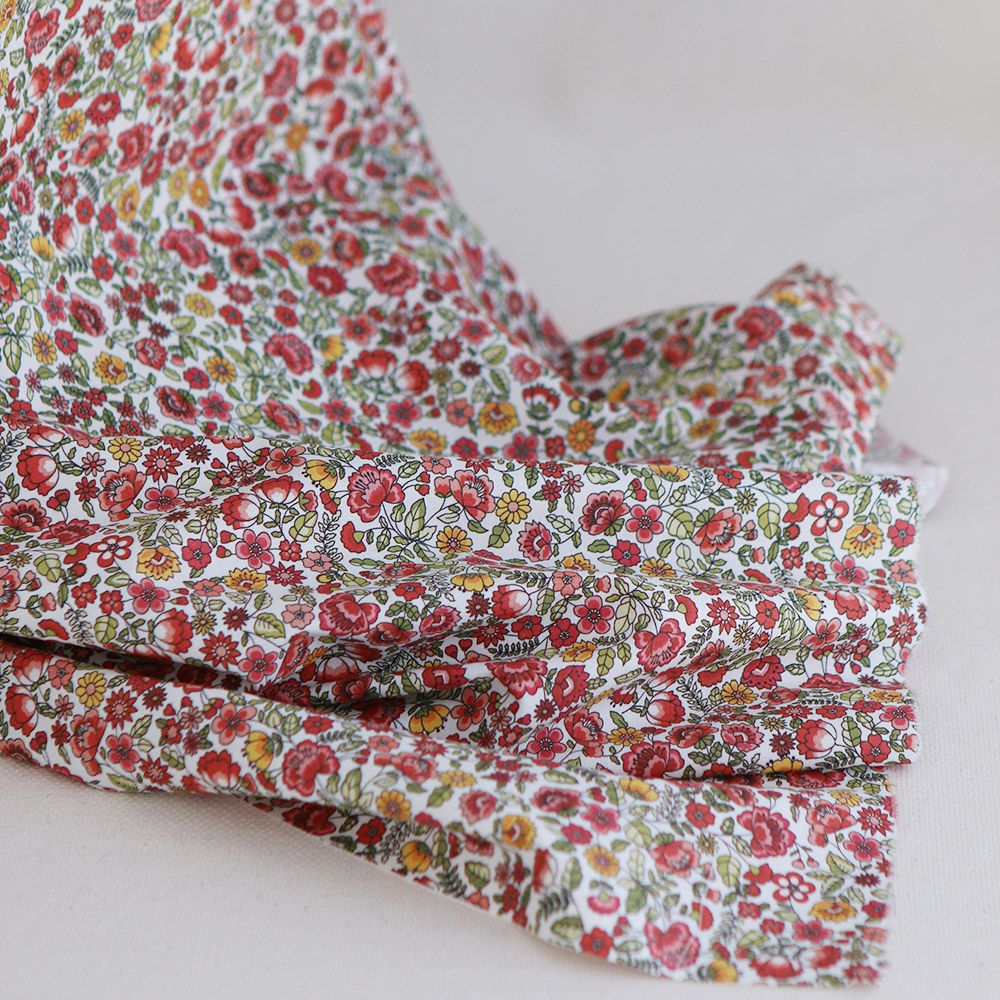 Freesia - Popeline coton BIO imprimé fleuri vert et rouge