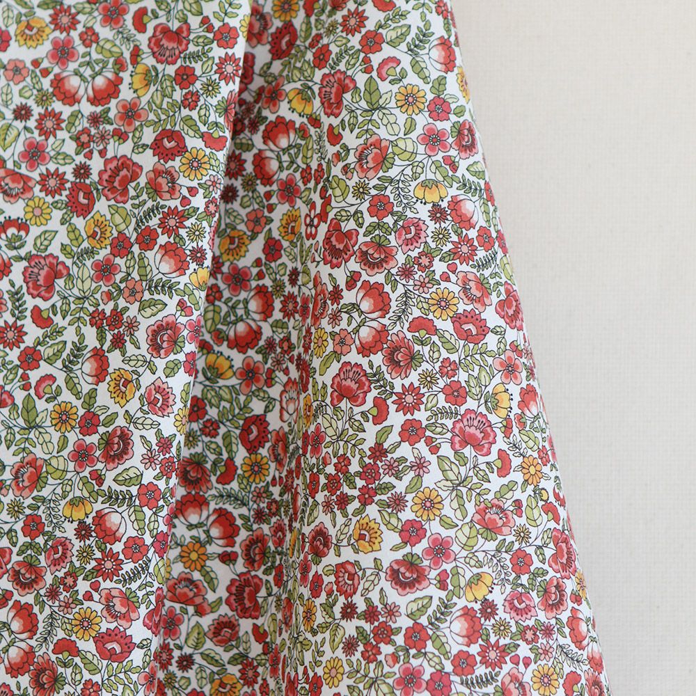 Freesia - Popeline coton BIO imprimé fleuri vert et rouge