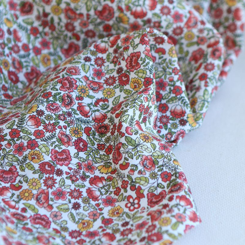 Freesia - Popeline coton BIO imprimé fleuri vert et rouge