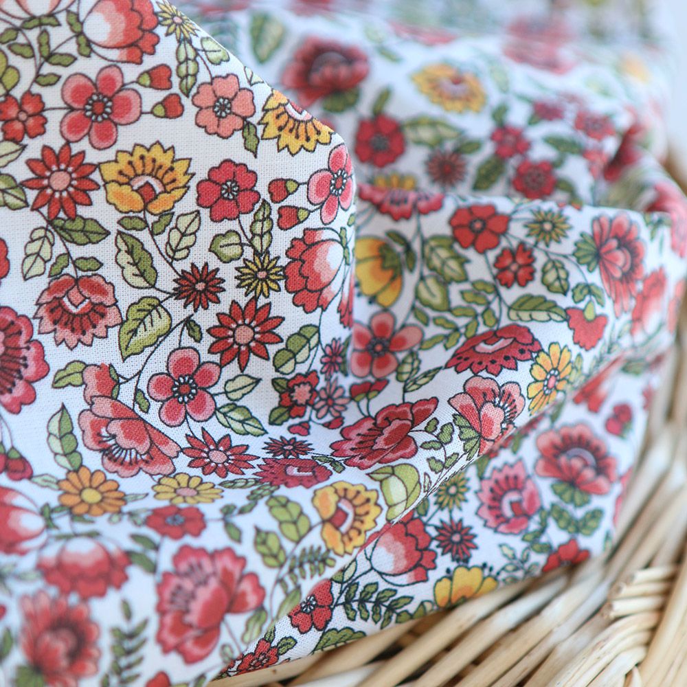 Freesia - Popeline coton BIO imprimé fleuri vert et rouge