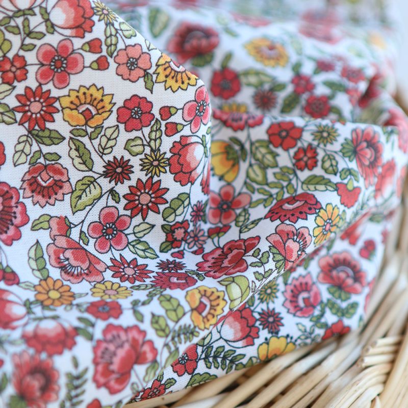 Freesia - Popeline coton BIO imprimé fleuri vert et rouge