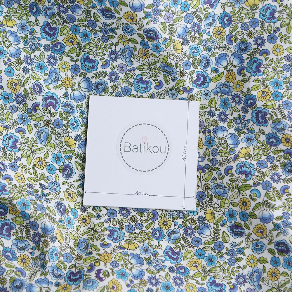 Popeline coton BIO imprimé fleuri vert, jaune et bleu