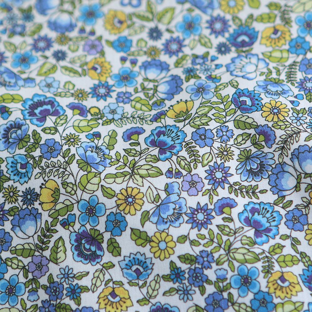 Popeline coton BIO imprimé fleuri vert, jaune et bleu