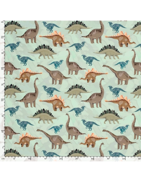 Tissu Lycra (maillot de bain) UPF50 dinosaures sur fond vert clair