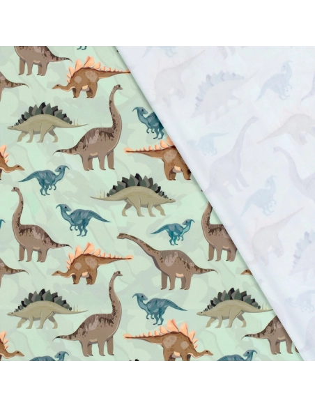 Tissu Lycra (maillot de bain) UPF50 dinosaures sur fond vert clair
