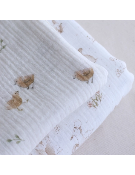 copy of Awa - Double gaze de coton motif fleuri tons naturels - vieux rose