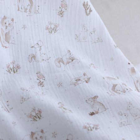 Robin - Double gaze de coton motif forêt tons beige Robin - Double gaze de coton motif forêt tons beige