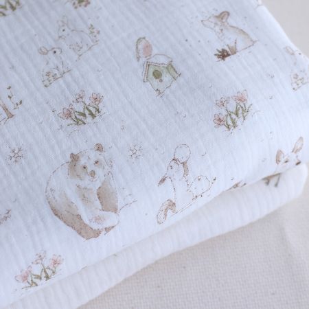 Robin - Double gaze de coton motif forêt tons beige Robin - Double gaze de coton motif forêt tons beige