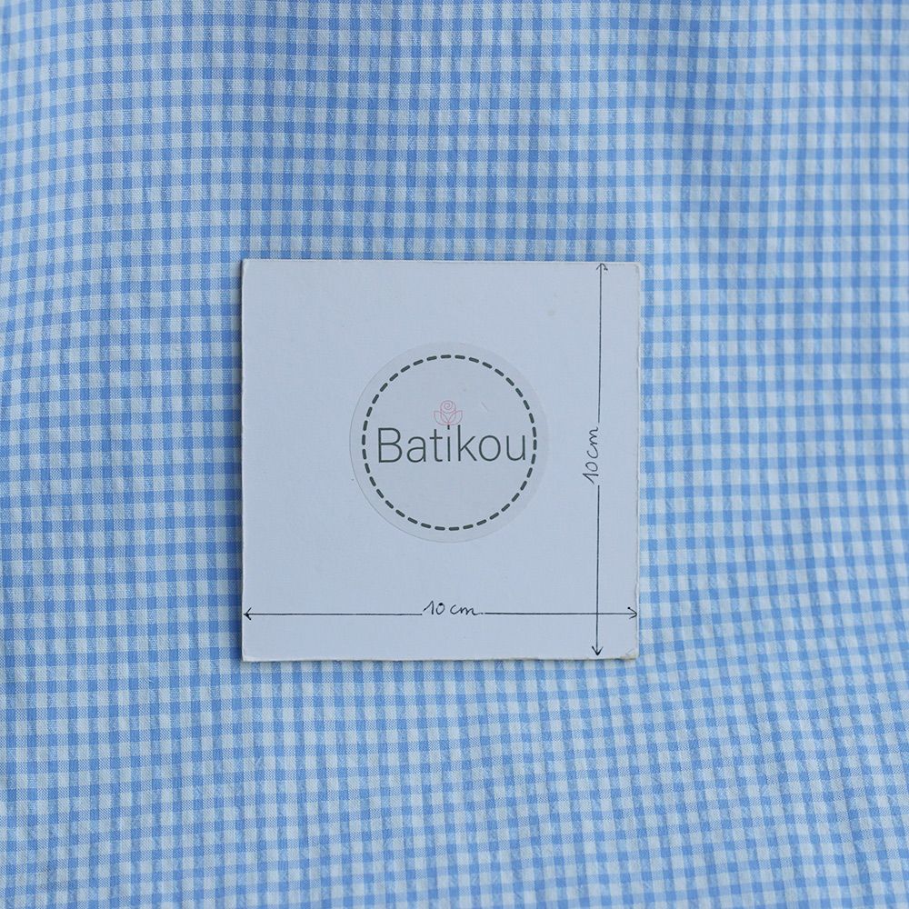 Seersucker / Coton gaufré vichy mini 3mm blanc / bleu frais