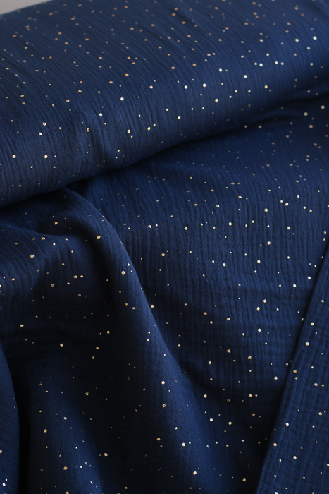 Double gaze de coton pois dorés fond bleu marine