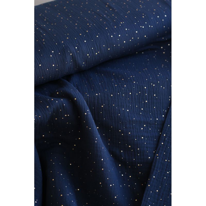Double gaze de coton pois dorés fond bleu marine
