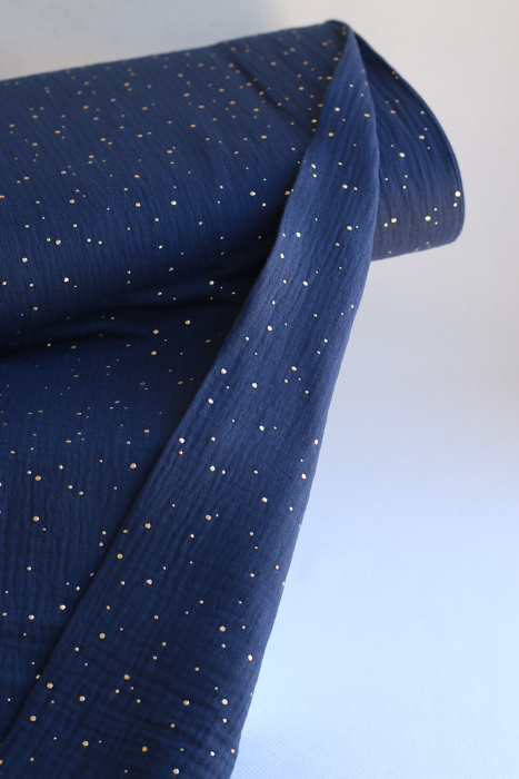 Double gaze de coton pois dorés fond bleu marine