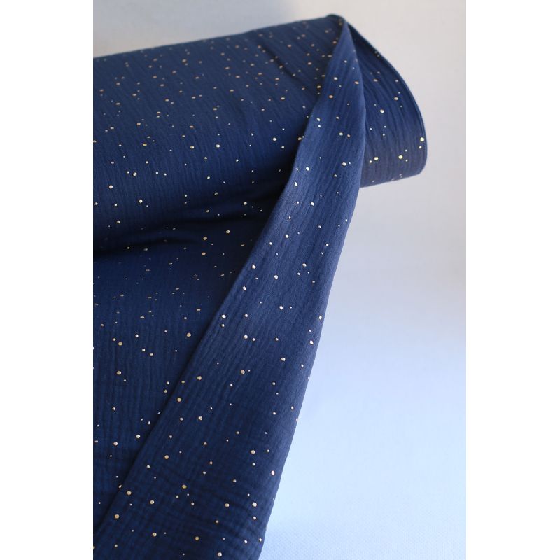 Double gaze de coton pois dorés fond bleu marine