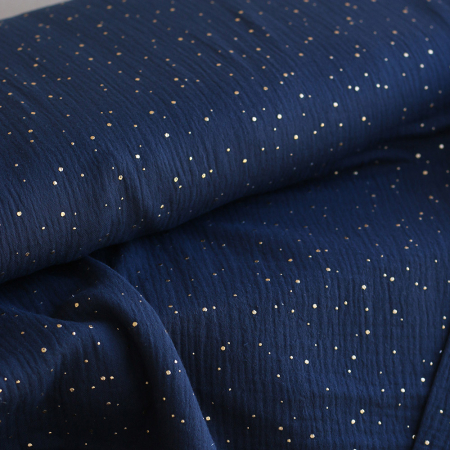Double gaze de coton pois dorés fond bleu marine