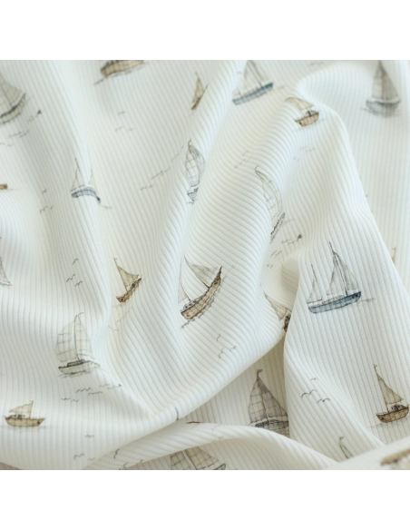 Jersey coton côtes fines à motifs bateaux