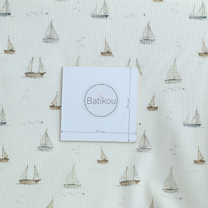 Jersey coton côtes fines à motifs bateaux