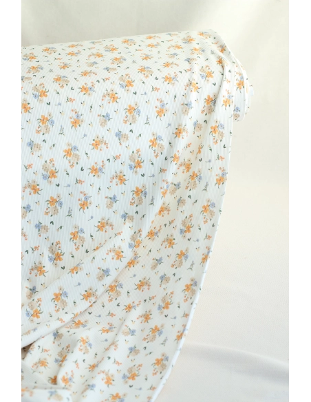 Jersey coton côtes fines à motif fleuri