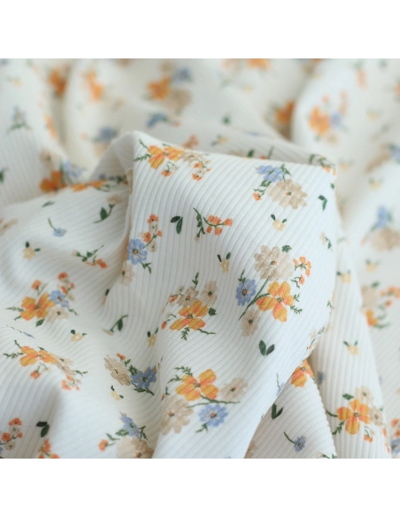 Jersey coton côtes fines à motif fleuri