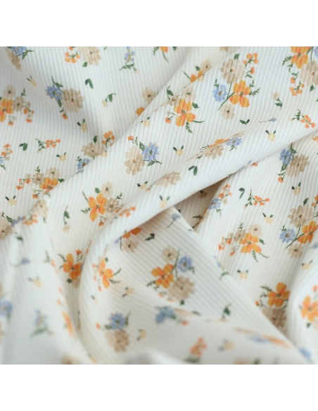 Jersey coton côtes fines à motif fleuri