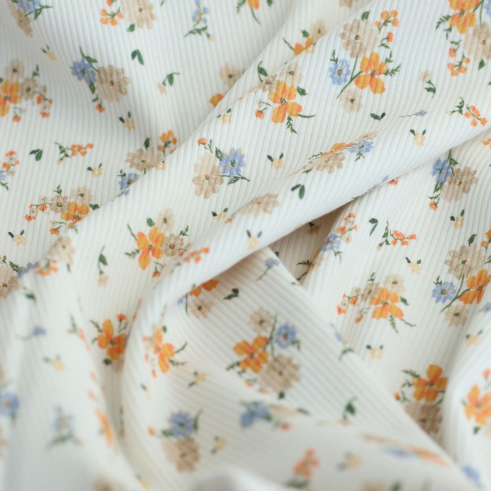 Jersey coton côtes fines à motif fleuri
