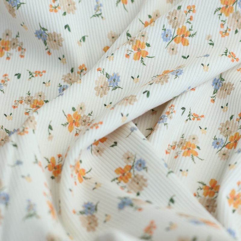 Jersey coton côtes fines à motif fleuri