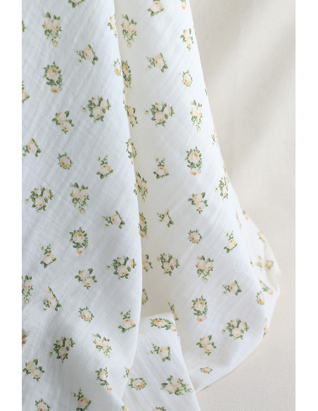 Rosabella - Double gaze de coton BIO blanc motif fleuri vanille