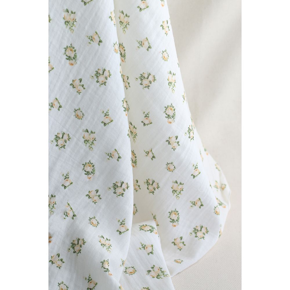 Rosabella - Double gaze de coton BIO blanc motif fleuri vanille
