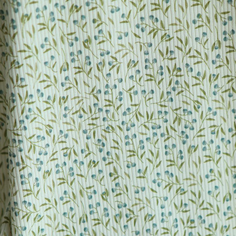 Jersey coton côtes fines à motif baies bleu et vert
