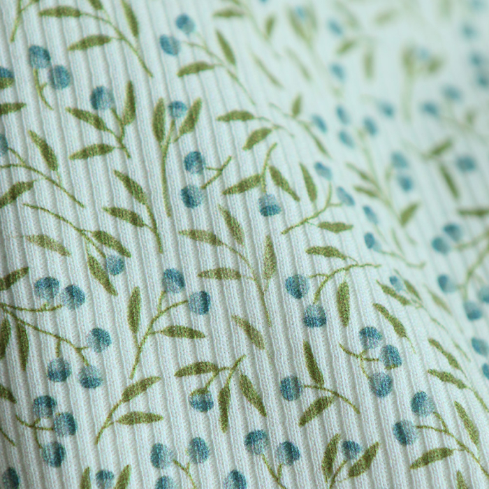 Jersey coton côtes fines à motif baies bleu et vert